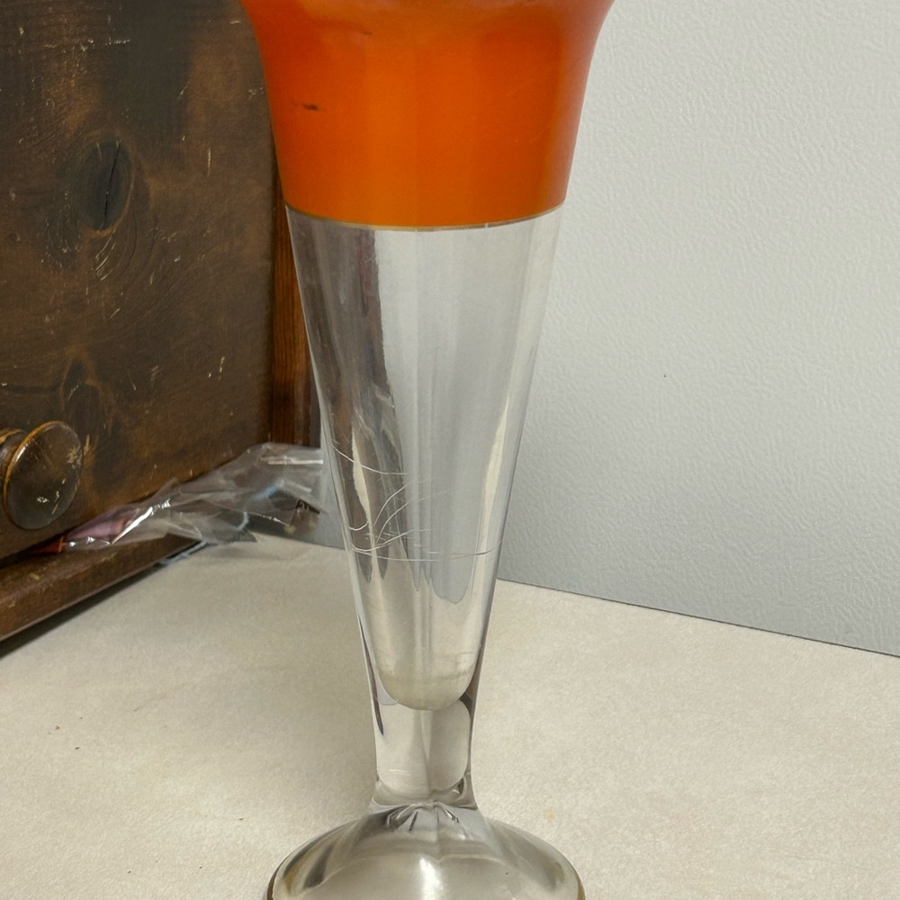 Vintage Glass Vase. Mid Century Modern Glass Orange w/ Clear Pedestal 8” Tall